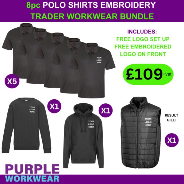 8pc Polo Shirts Embroidery Workwear Bundle with Gilet Thumbnail